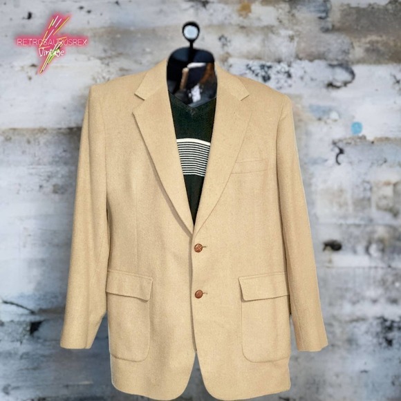 VINTAGE 90s Charles Klein Preppy Tan Wool Blazer, 44L - Picture 5 of 8